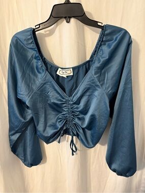 Hippie Rose Blue Satin Ruched Drawstring Long Sleeve Top